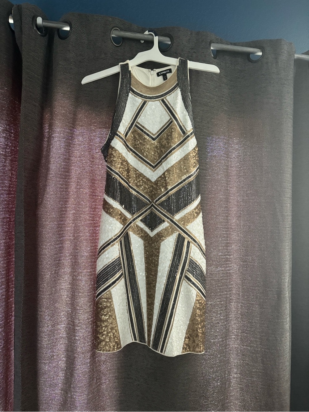 Express Sequin Geometric Halter Mini Dress in Gold, White, and Black